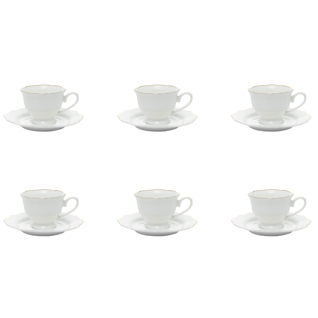 Jogo 6 Xícaras de Café com Pires Maldivas Branco com Fio de Ouro