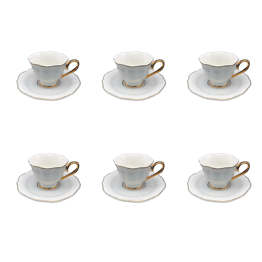 Jogo 6 Xícaras de Café com Pires Mon Charmant New Bone Branca com Borda Dourada 90ml