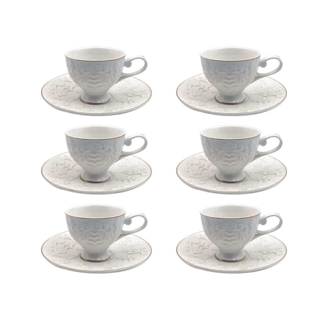 Jogo 6 Xícaras de Café com Pires Scarlet New Bone Branco e Dourado 90ml