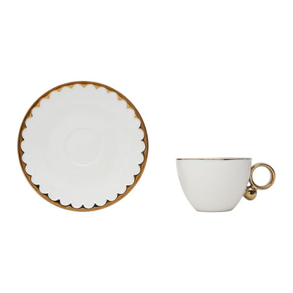 Jogo 6 Xícaras de Chá Porcelana com Pires Egg Branca e Dourada 200ml