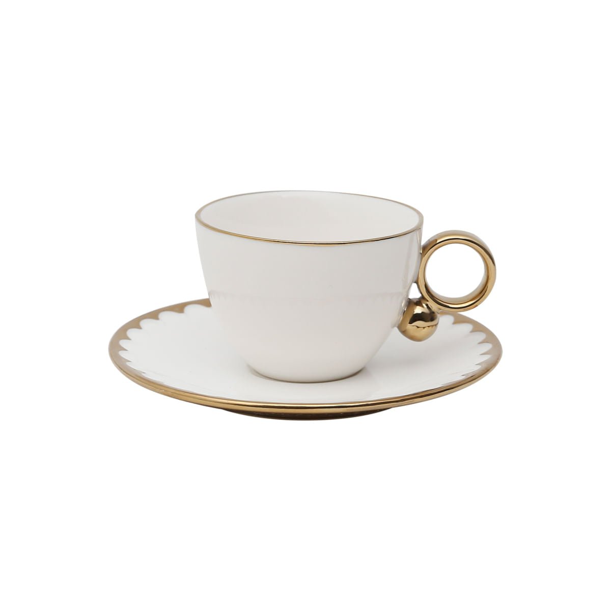 Jogo 6 Xícaras de Chá Porcelana com Pires Egg Branca e Dourada 200ml