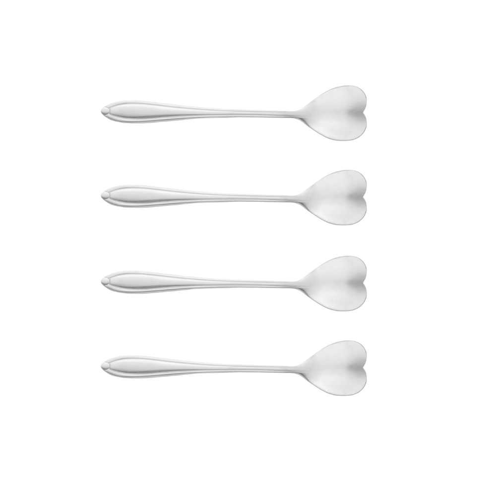 Jogo de 4 Colheres Aço Inox para Chá Heart Coração Prateada 12,7 cm