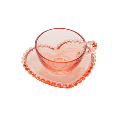 Jogo de 4 Xícaras de Chá Cristal com Pires Coração Pearl Rosa 180ml