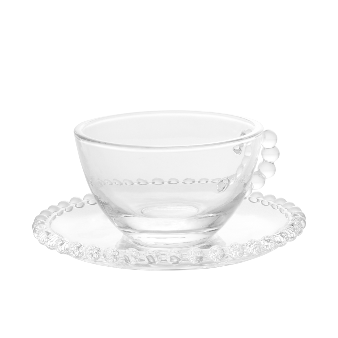 Jogo de 4 Xícaras de Chá Cristal de Chumbo com Pires Pearl Bolinha - 180ml