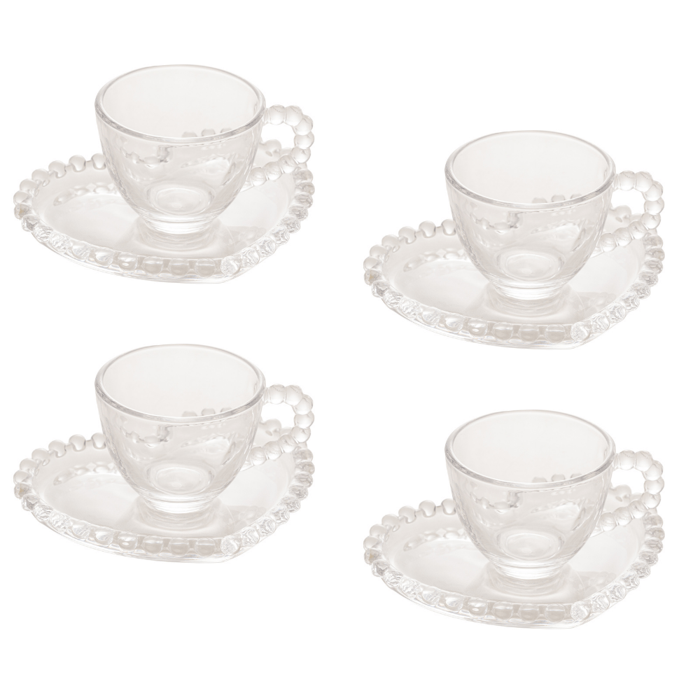 Jogo de Xícaras de Café Cristal Com Pires Coração Pearl 4 Peças - 85ml
