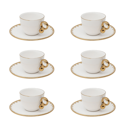 Jogo de Xícaras e Pires Para Café Porcelana Branco e Dourado 90ml Linha Egg 6 Peças
