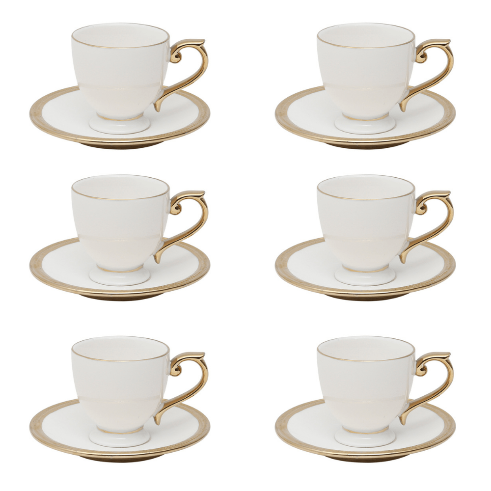 Jogo De Xícaras Para Café Dourada Com Pires Porcelana Alça Ouro Paddy 90ml - 6 Peças