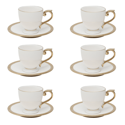 Jogo De Xícaras Para Café Dourada Com Pires Porcelana Alça Ouro Paddy 90ml - 6 Peças