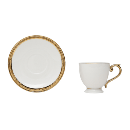 Jogo De Xícaras Para Café Dourada Com Pires Porcelana Alça Ouro Paddy 90ml - 6 Peças