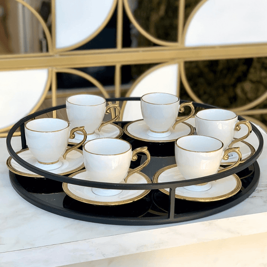 Jogo De Xícaras Para Café Dourada Com Pires Porcelana Alça Ouro Paddy 90ml - 6 Peças