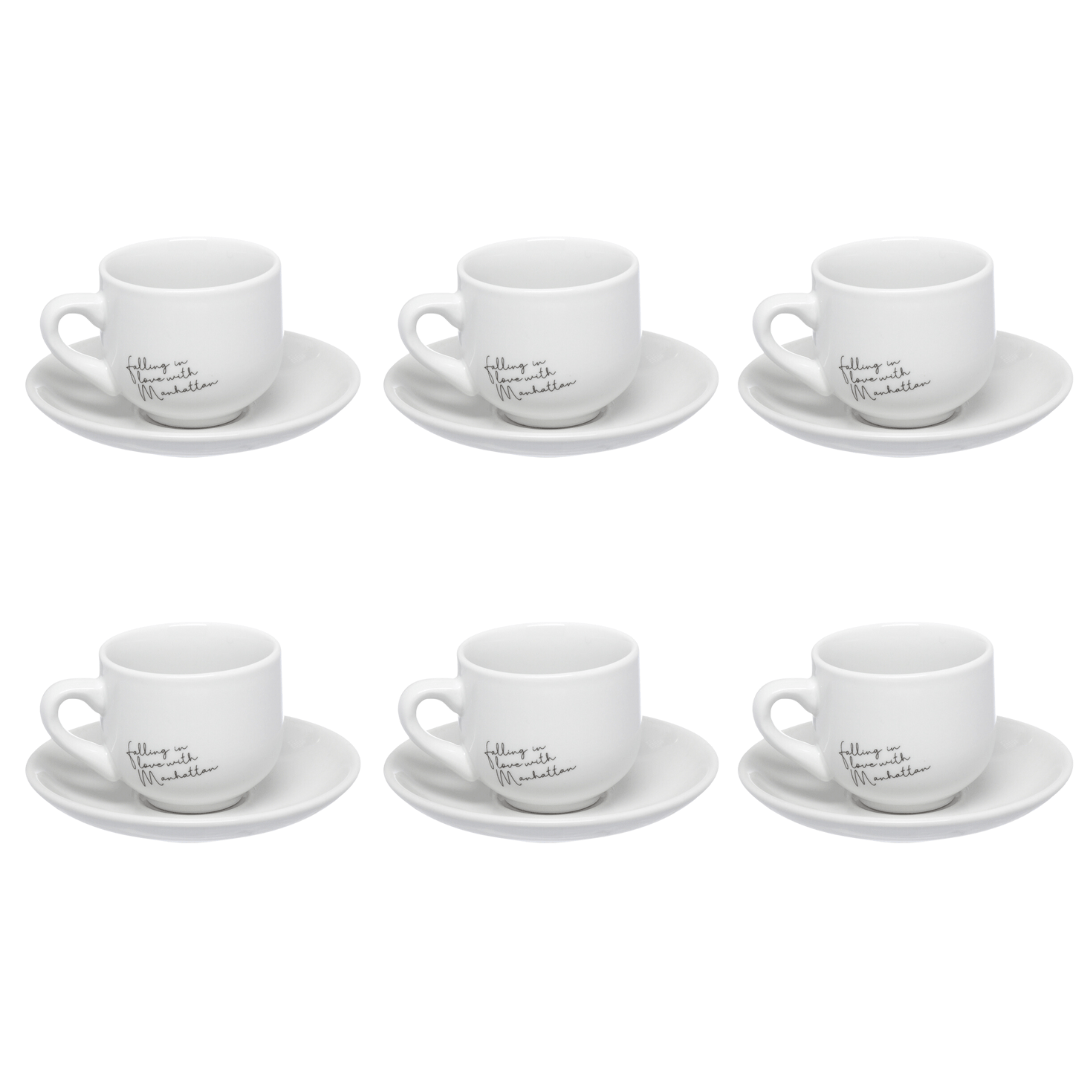 Jogo Xicara de Café com Pires em Porcelana Manhattan Branca 90ml 6 Peças
