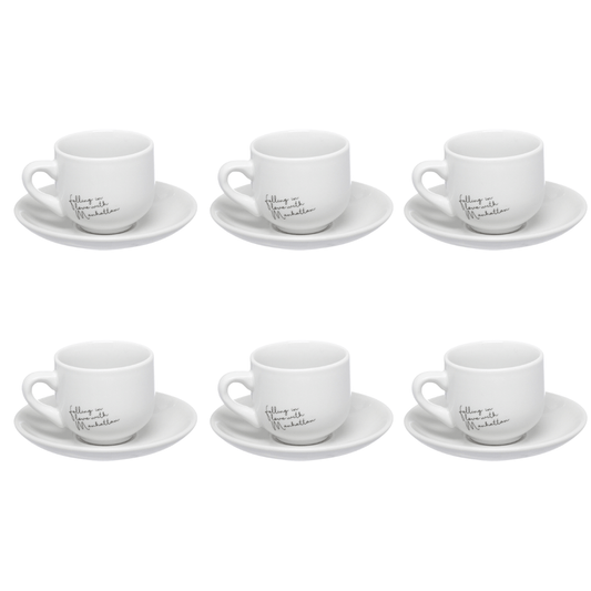 Jogo Xicara de Café com Pires em Porcelana Manhattan Branca 90ml 6 Peças