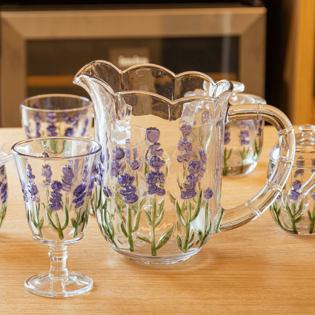 Jogo 1 Jarra com 6 Taças Cristal Lavanda Hand Painting