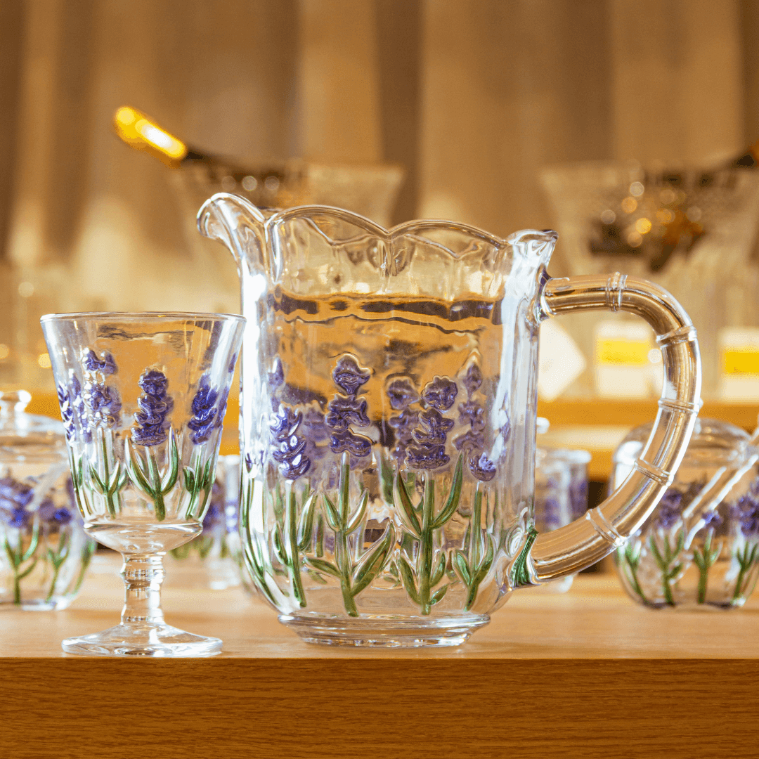 Jogo 1 Jarra com 6 Taças Cristal Lavanda Hand Painting