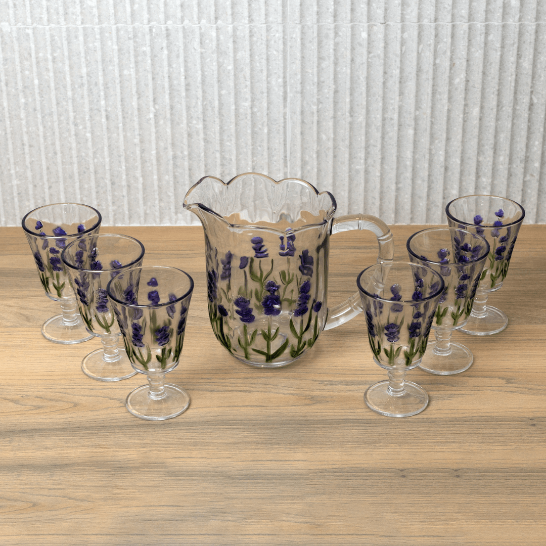 Jogo 1 Jarra com 6 Taças Cristal Lavanda Hand Painting