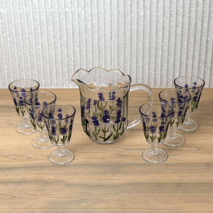 Jogo 1 Jarra com 6 Taças Cristal Lavanda Hand Painting