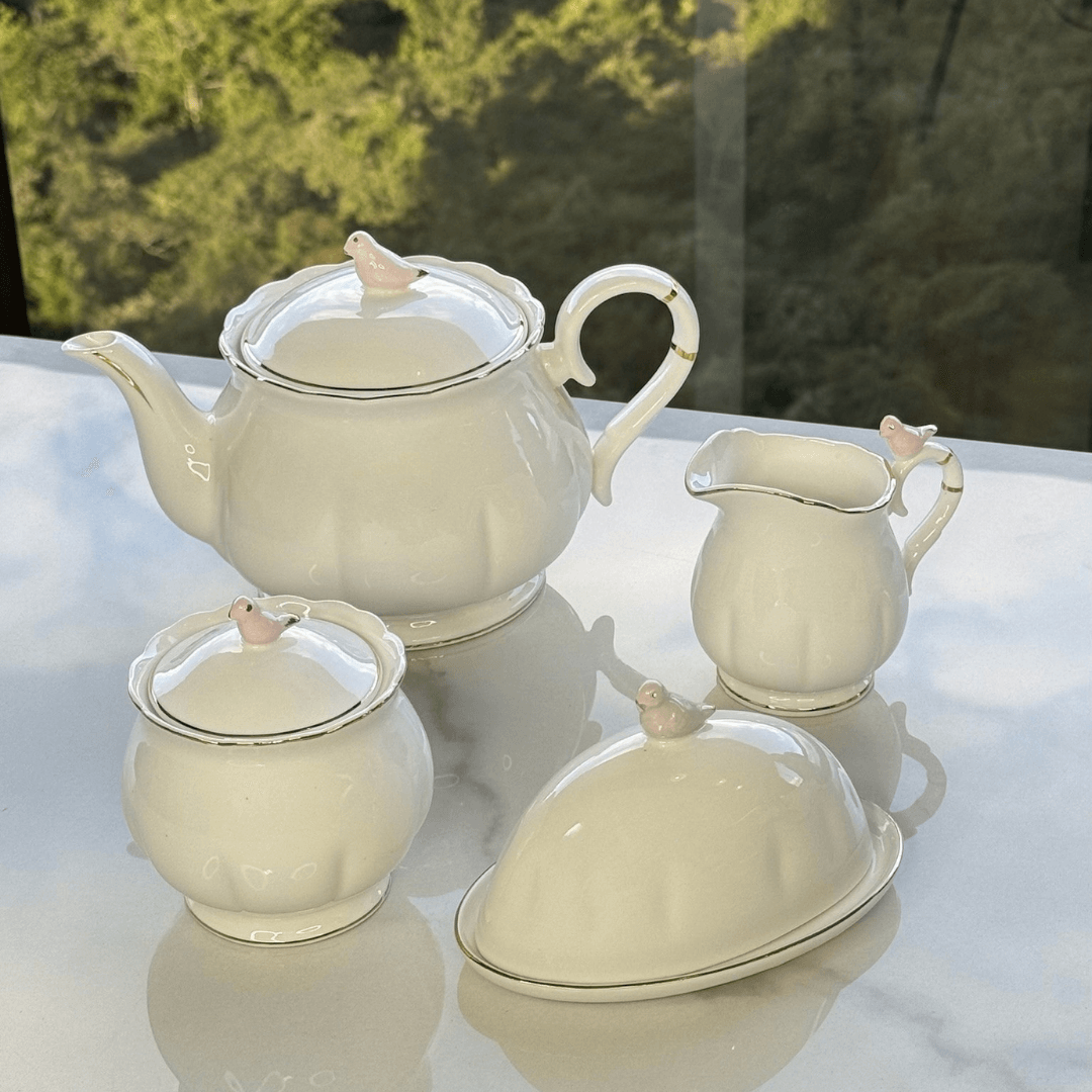 Açucareiro em Porcelana Luxo Birds Rosa Branco 300ml