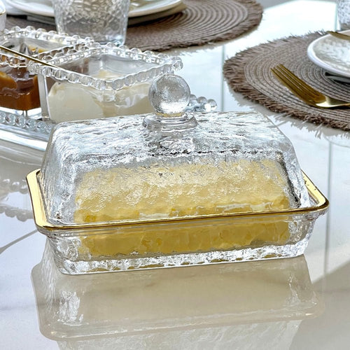 Manteigueira Petra Cristal Ecológico e Fio de Ouro com Tampa 17cm