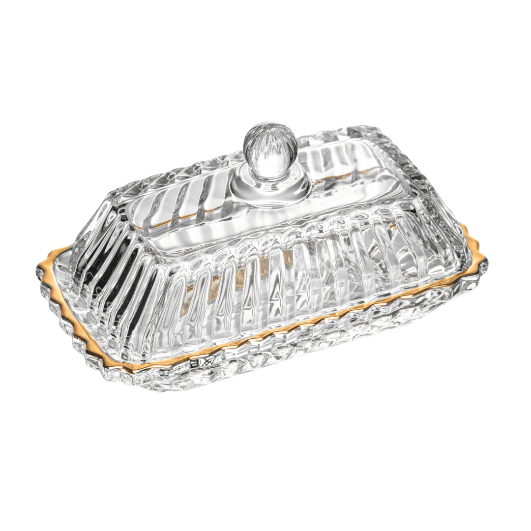 Manteigueira Retangular Imperatriz Tampa em Cristal Fio de Ouro 15,5cm