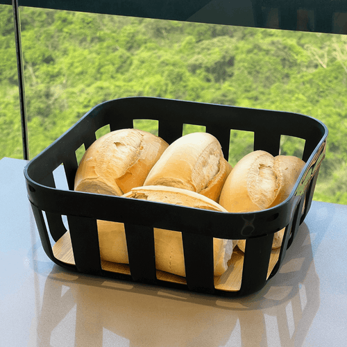 Cesto de Pão Lume Plástico e Bambu Preto 24cm