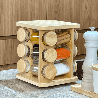 Jogo 12 Potes Herméticos de Vidro 120ml com Suporte Giratório em Bambu