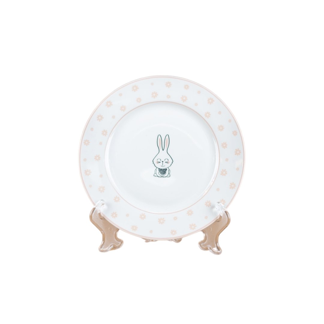 Prato de Sobremesa Pascoa com Coelho Branco e Rosa 19cm