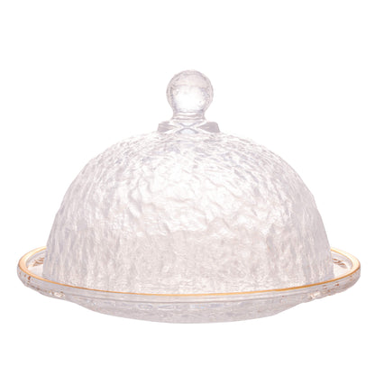 Queijeira Cristal de Chumbo Martelado Petra com Tampa e Borda Dourada 19,5cm