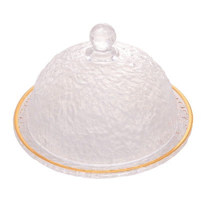 Queijeira Cristal de Chumbo Martelado Petra com Tampa e Borda Dourada 19,5cm