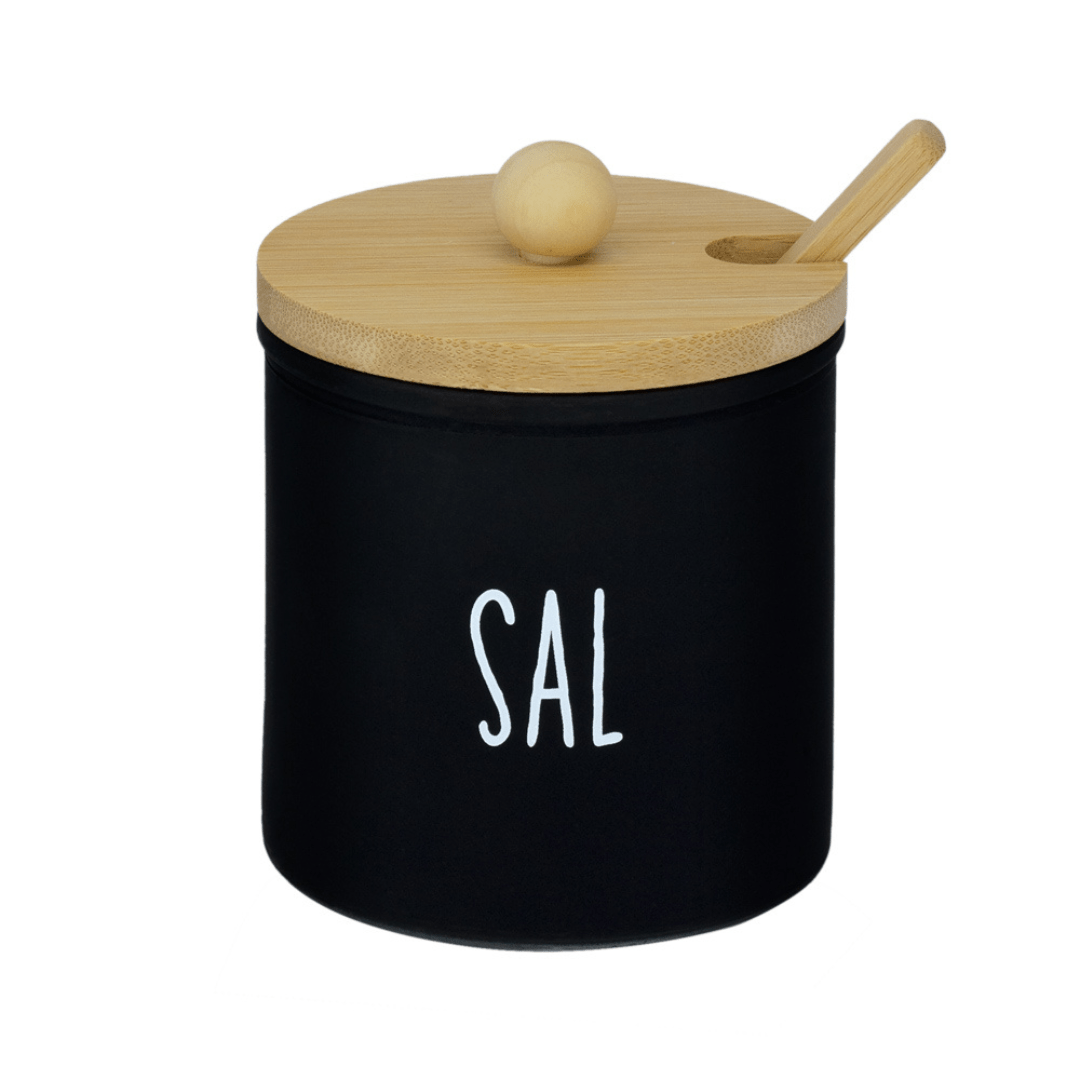Saleiro de Vidro Preto Doha com Colher e Tampa de Bambu 300ml