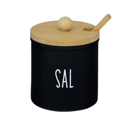 Saleiro de Vidro Preto Doha com Colher e Tampa de Bambu 300ml