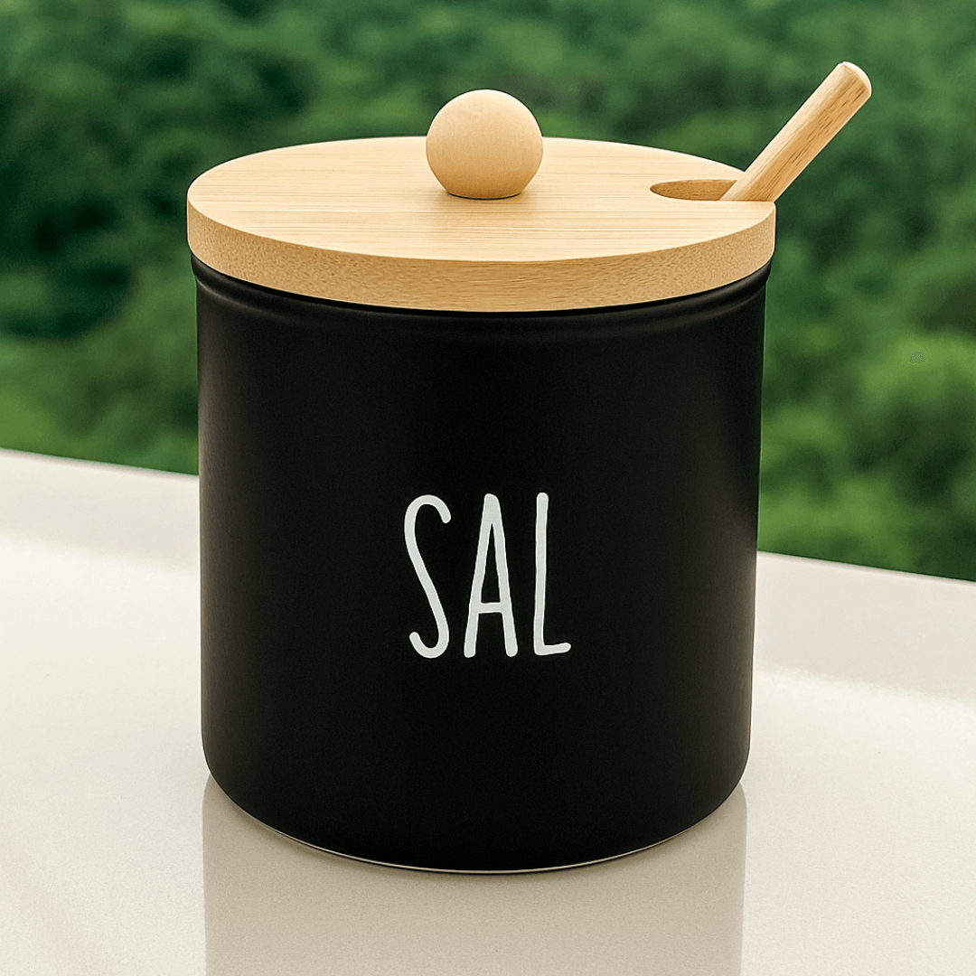 Saleiro de Vidro Preto Doha com Colher e Tampa de Bambu 300ml