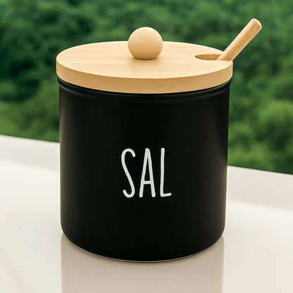 Saleiro de Vidro Preto Doha com Colher e Tampa de Bambu 300ml