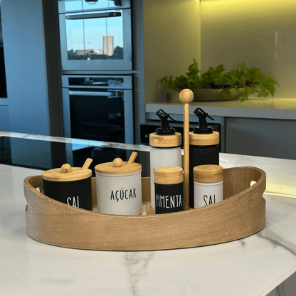 Saleiro de Vidro Preto Doha com Colher e Tampa de Bambu 300ml