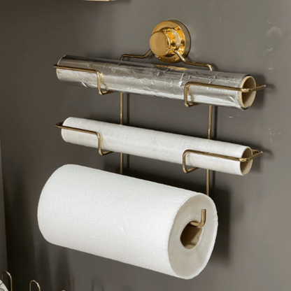 Suporte de Rolos Triplo para Papel Toalha/Alumínio/PVC com Ventosa Dourado