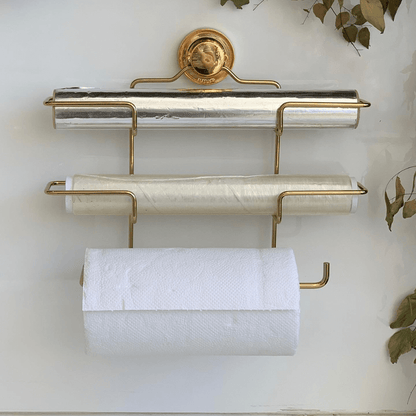Suporte de Rolos Triplo para Papel Toalha/Alumínio/PVC com Ventosa Dourado