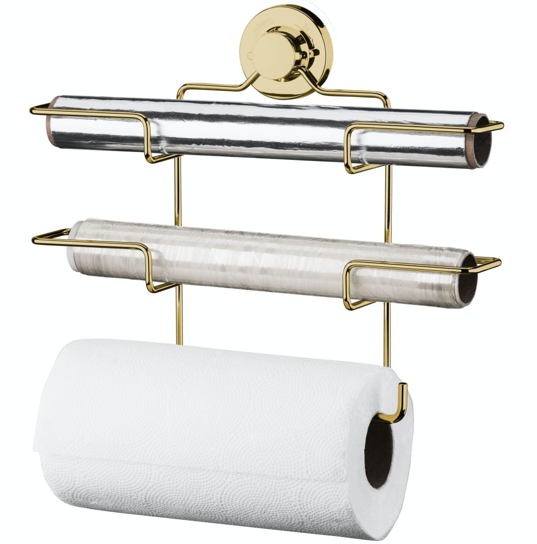 Suporte de Rolos Triplo para Papel Toalha/Alumínio/PVC com Ventosa Dourado