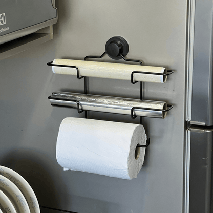 Suporte de Rolos Triplo para Papel Toalha/Alumínio/PVC com Ventosa Preto Fosco