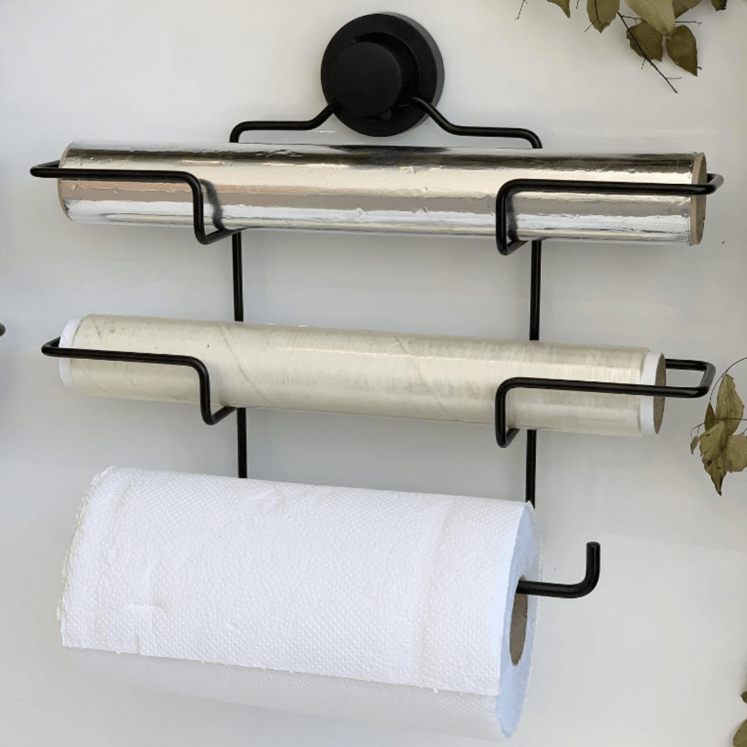 Suporte de Rolos Triplo para Papel Toalha/Alumínio/PVC com Ventosa Preto Fosco