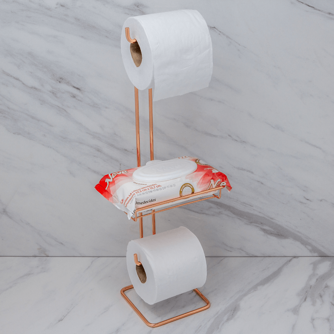 Suporte para Papel Higiênico Chão Duplo Com Porta Objeto Rose Gold