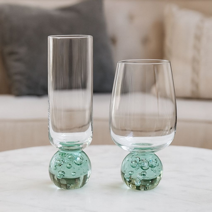 Taça Copo para Champanhe Vidro com Base Esfera Transparente e Verde 250ml