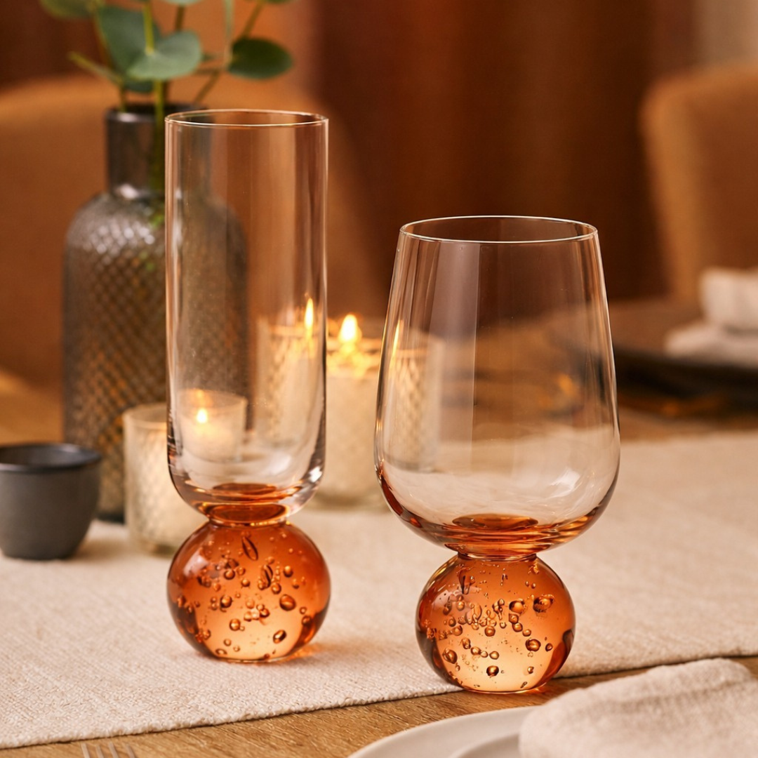 Taça Copo para Champanhe Vidro com Base Esfera Transparente e Âmbar 250ml