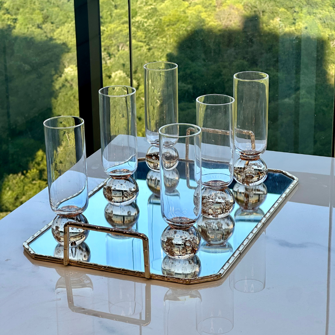 Taça Copo para Champanhe Vidro com Base Esfera Transparente e Âmbar 250ml