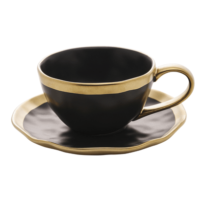 Xícara de Chá com Pires em Porcelana Dubai Preto e Dourado 200ml
