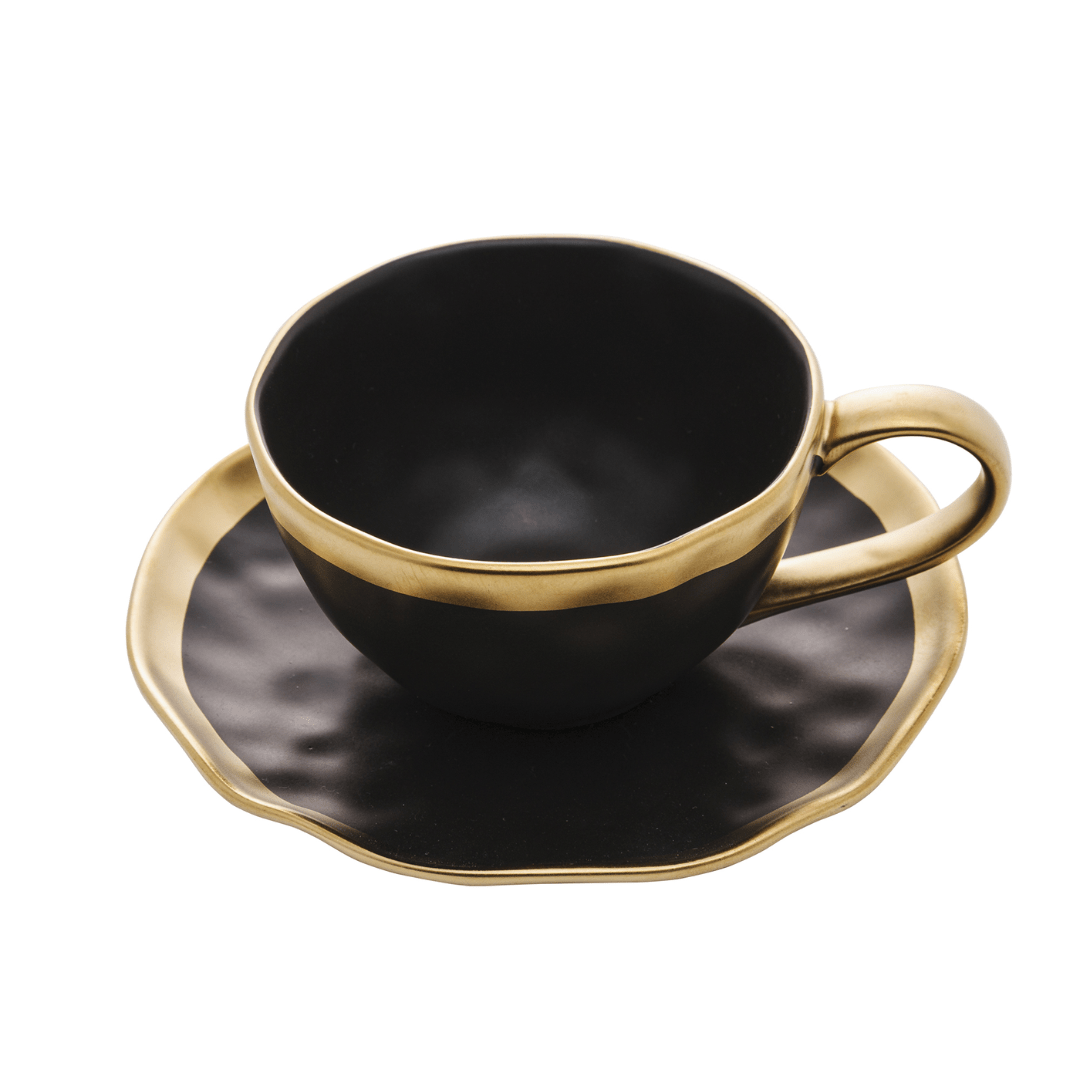 Xícara de Chá com Pires em Porcelana Dubai Preto e Dourado 200ml
