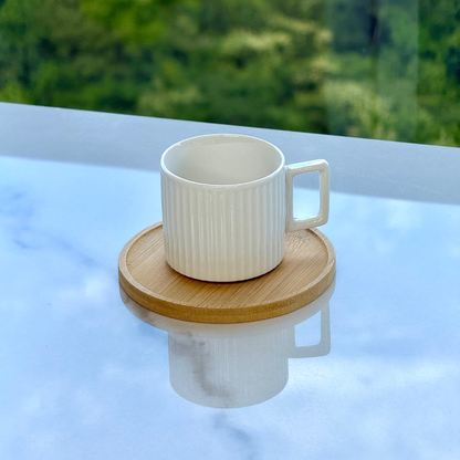 Jogo 6 Xicaras de Café Branca em Porcelana com Pires de Madeira 90ml