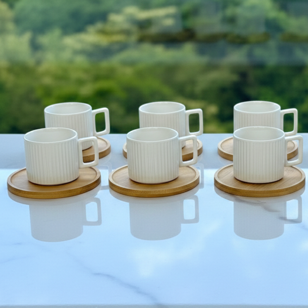 Jogo 6 Xicaras de Café Branca em Porcelana com Pires de Madeira 90ml