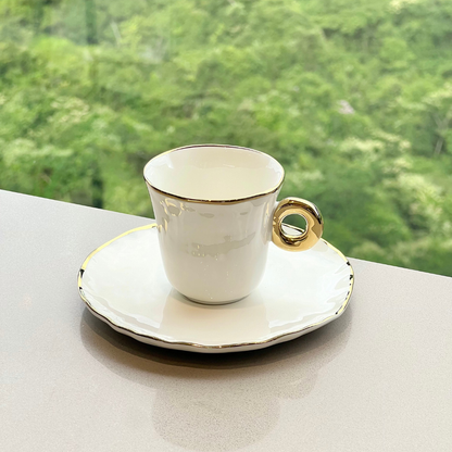 Jogo 6 Xicaras de Café com Pires Cerâmica Branco e Dourado 80ml