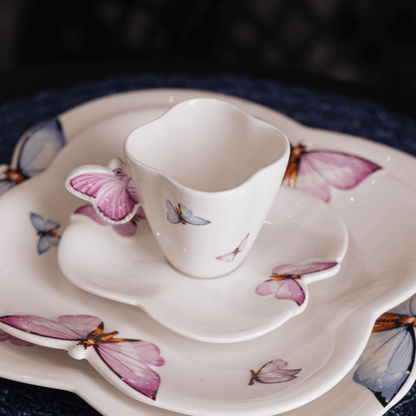 Jogo de 6 Xícaras de Café Porcelana com Pires Borboletas - 100ml