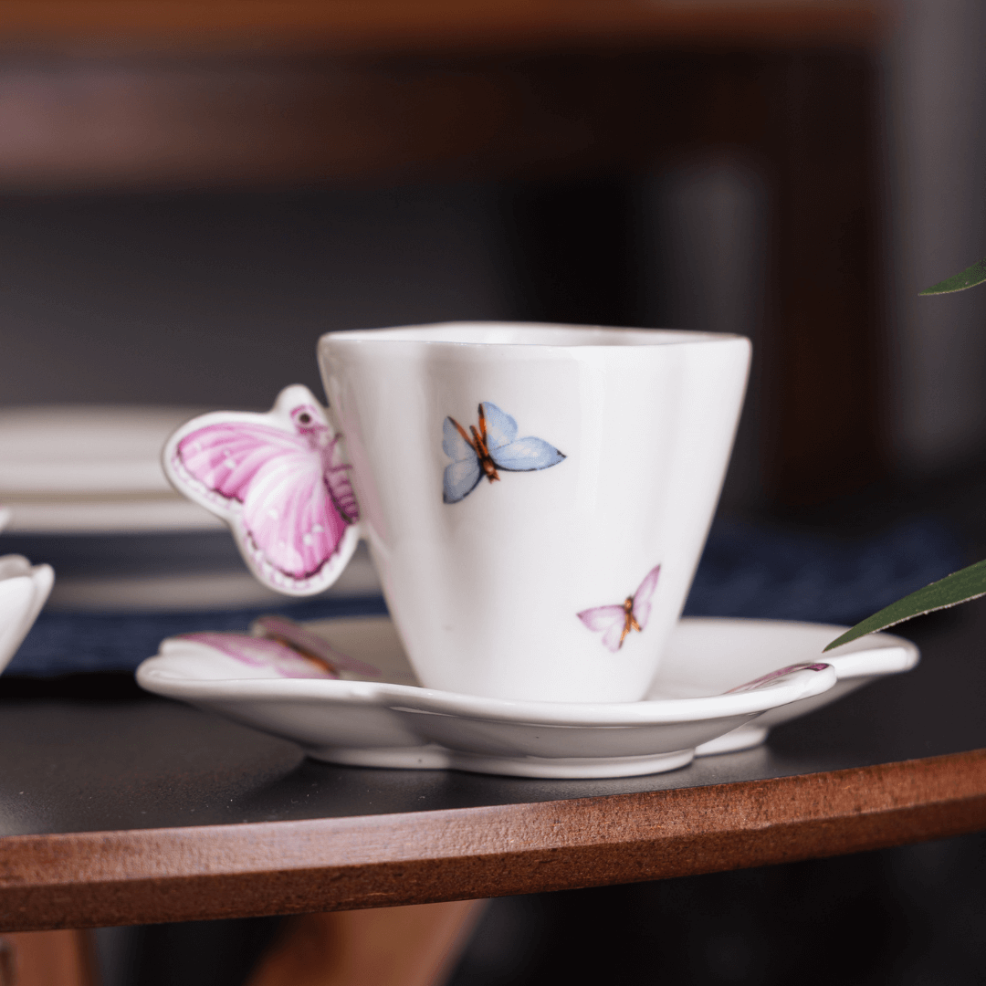 Jogo de 6 Xícaras de Café Porcelana com Pires Borboletas - 100ml
