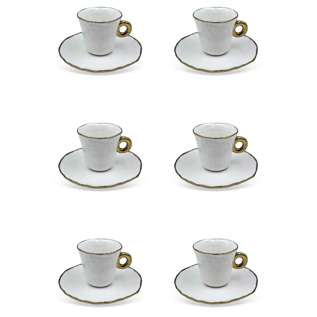 Jogo 6 Xicaras de Café com Pires Cerâmica Branco e Dourado 80ml